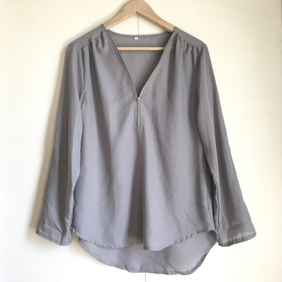 Grey Semi Sheer Lightweight Zip Collar Droptail Hem Blouse - Picture 1 of 16